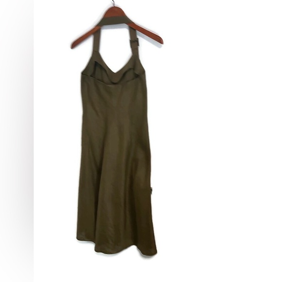 Promos Linen blend halter dress in olive green, size Large, slight A-line. - Picture 2 of 13
